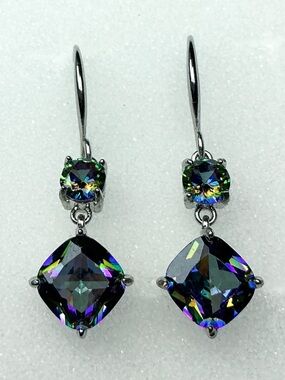 Mystic Rainbow Drop Earrings Silver Tone Cushion Cut Leverback Earrings